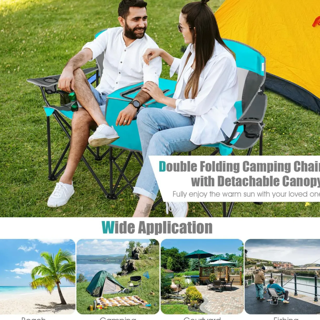 Tangkula Loveseat Camping Chair with Adjustable Shade Canopy