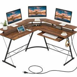 Tangkula L-Shaped Computer Desk with Power Outlet, 51" Corner Computer Workstation with Monitor Stand