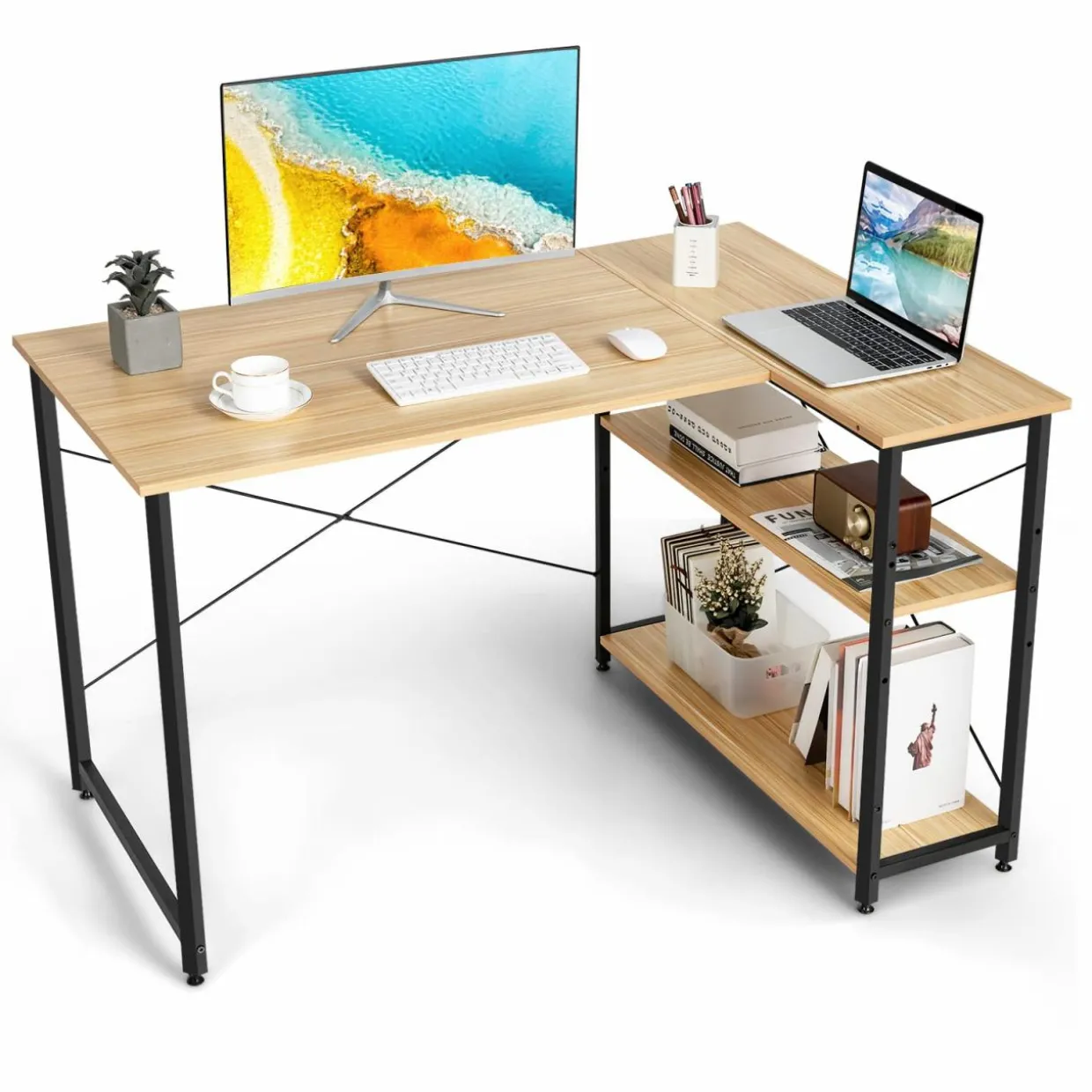 Tangkula L-Shaped Computer Desk with Reversible Shelves