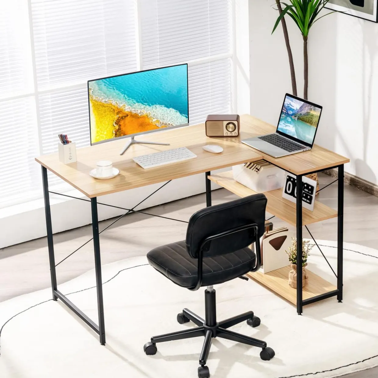 Tangkula L-Shaped Computer Desk with Reversible Shelves