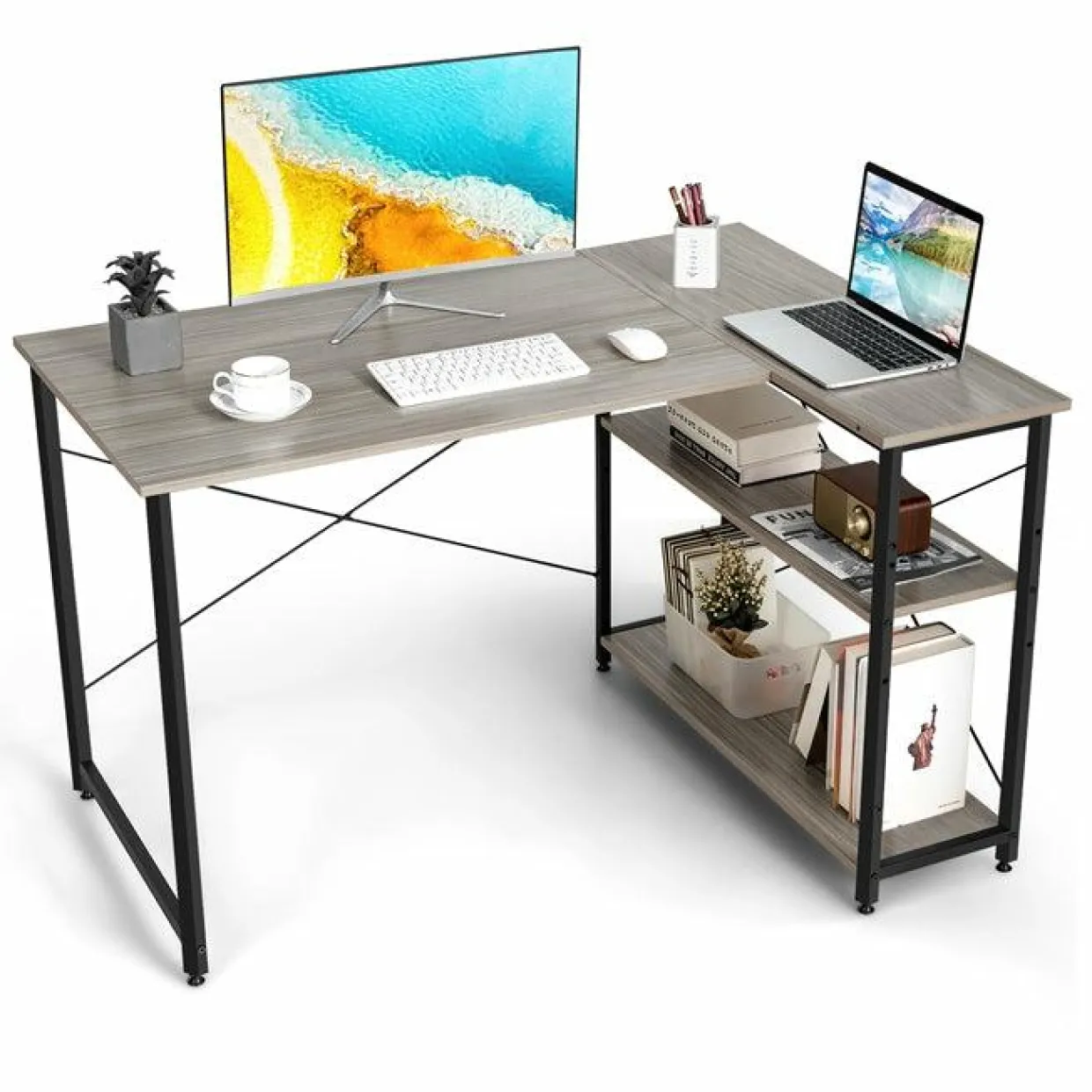 Tangkula L-Shaped Computer Desk with Reversible Shelves