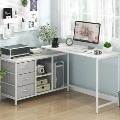 Tangkula L-Shaped Computer Desk with Power Outlet, Convertible Corner Desk with Drawers & Shelves