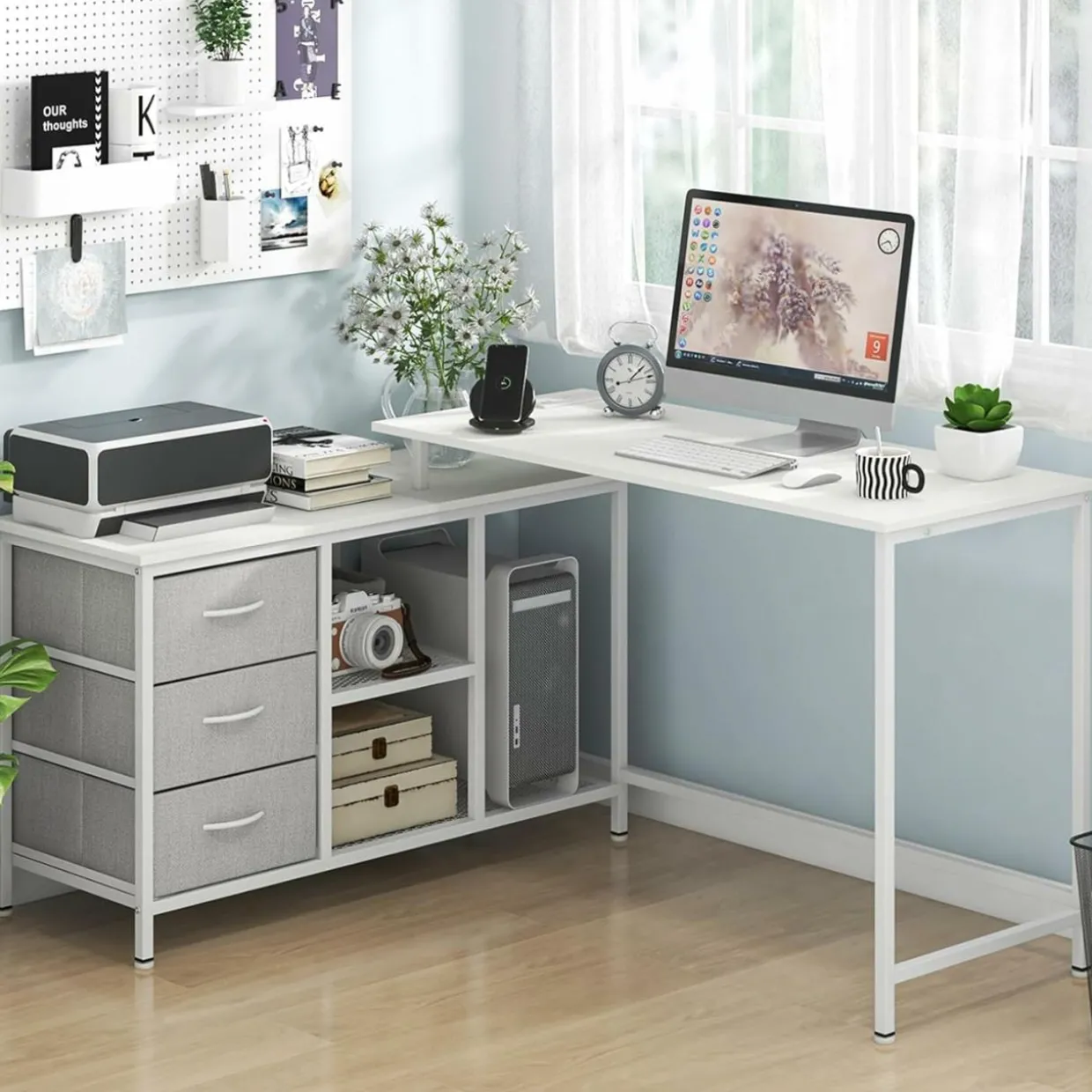 Tangkula L-Shaped Computer Desk with Power Outlet, Convertible Corner Desk with Drawers & Shelves