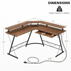 Tangkula L-Shaped Computer Desk with Power Outlet, 51