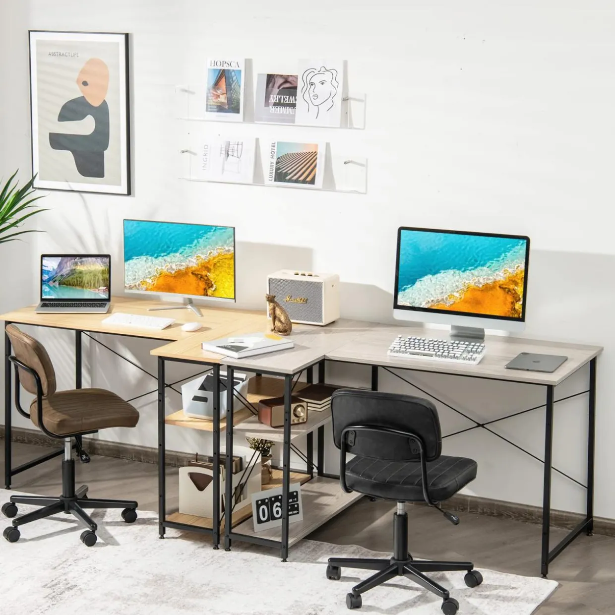 Tangkula L-Shaped Computer Desk with Reversible Shelves