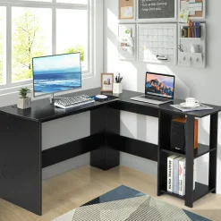 Tangkula L-Shaped Computer Desk, Large Corner Computer Desk with 2-Tier Open Shelves (Black)