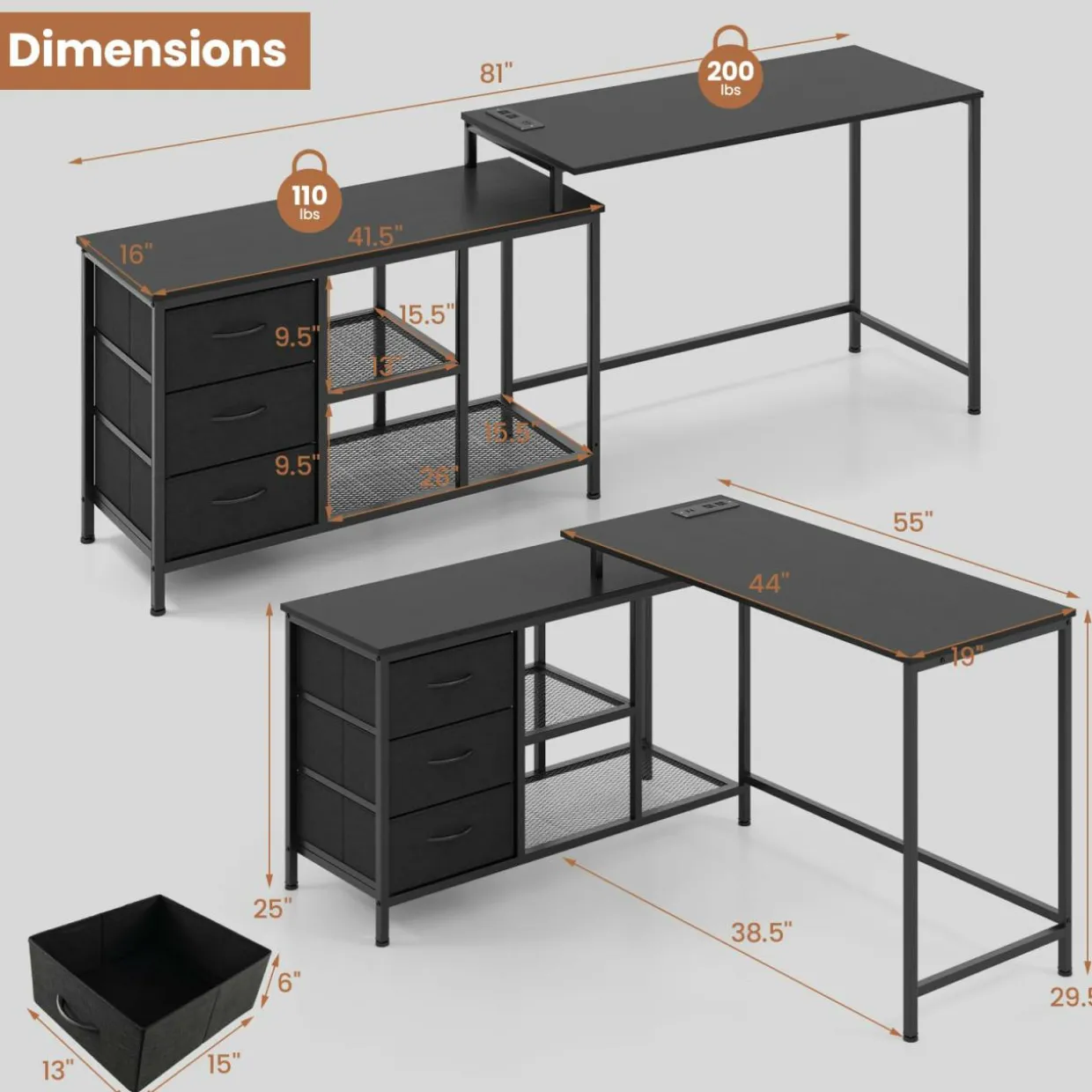 Tangkula L-Shaped Computer Desk with Power Outlet, Convertible Corner Desk with Drawers & Shelves