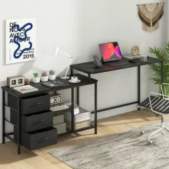 Tangkula L-Shaped Computer Desk with Power Outlet, Convertible Corner Desk with Drawers & Shelves