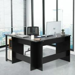 Tangkula L-Shaped Computer Desk, Large Corner Computer Desk with 2-Tier Open Shelves (Black)