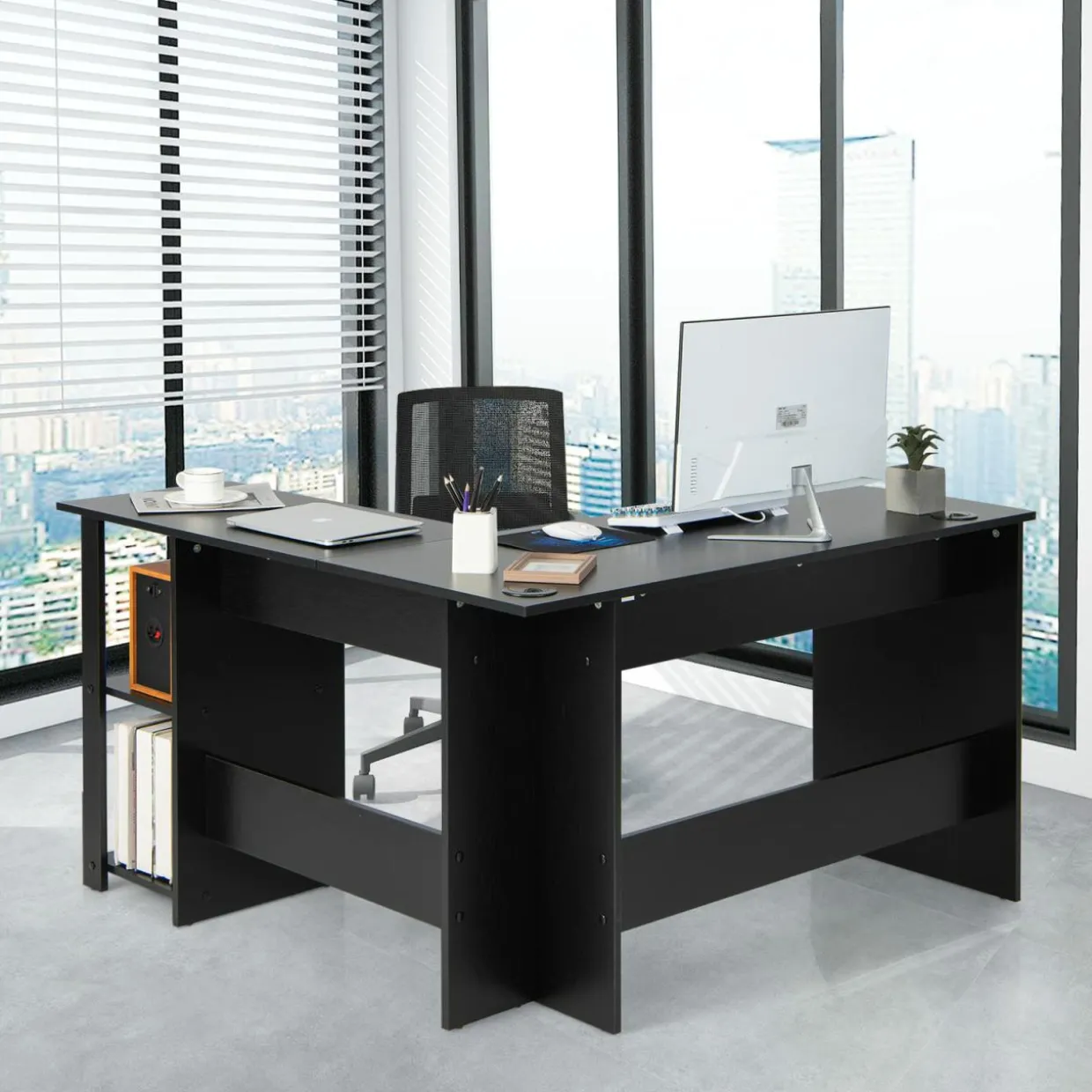Tangkula L-Shaped Computer Desk, Large Corner Computer Desk with 2-Tier Open Shelves (Black)