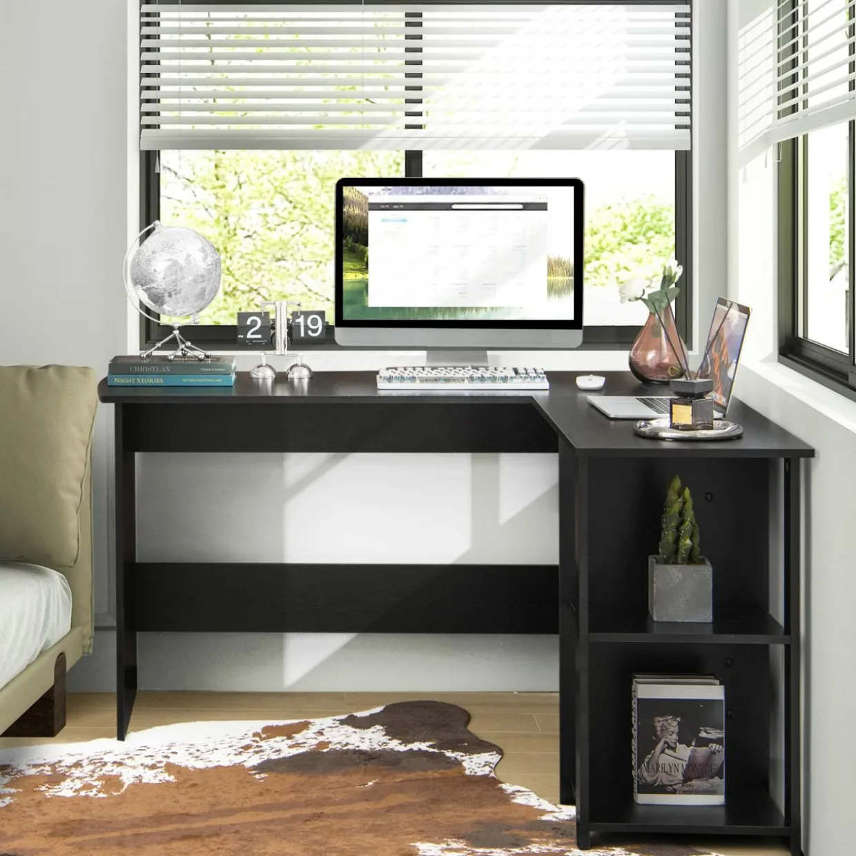 Tangkula L-Shaped Computer Desk, Large Corner Computer Desk with 2-Tier Open Shelves (Black)