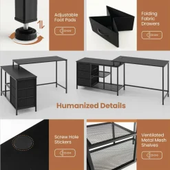 Tangkula L-Shaped Computer Desk with Power Outlet, Convertible Corner Desk with Drawers & Shelves