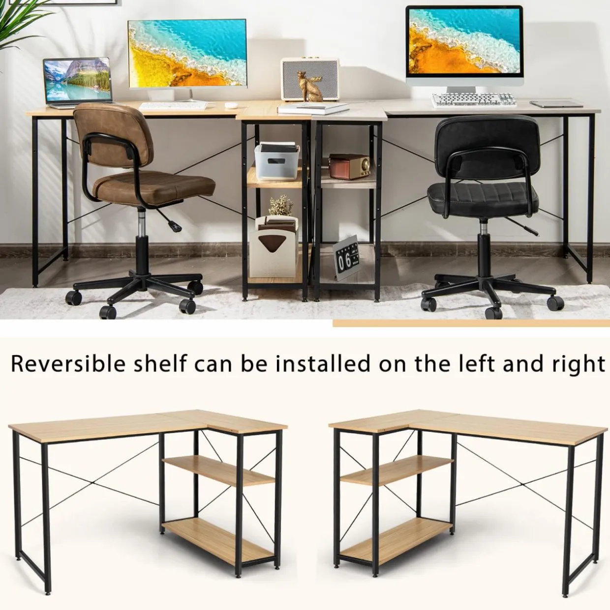 Tangkula L-Shaped Computer Desk with Reversible Shelves