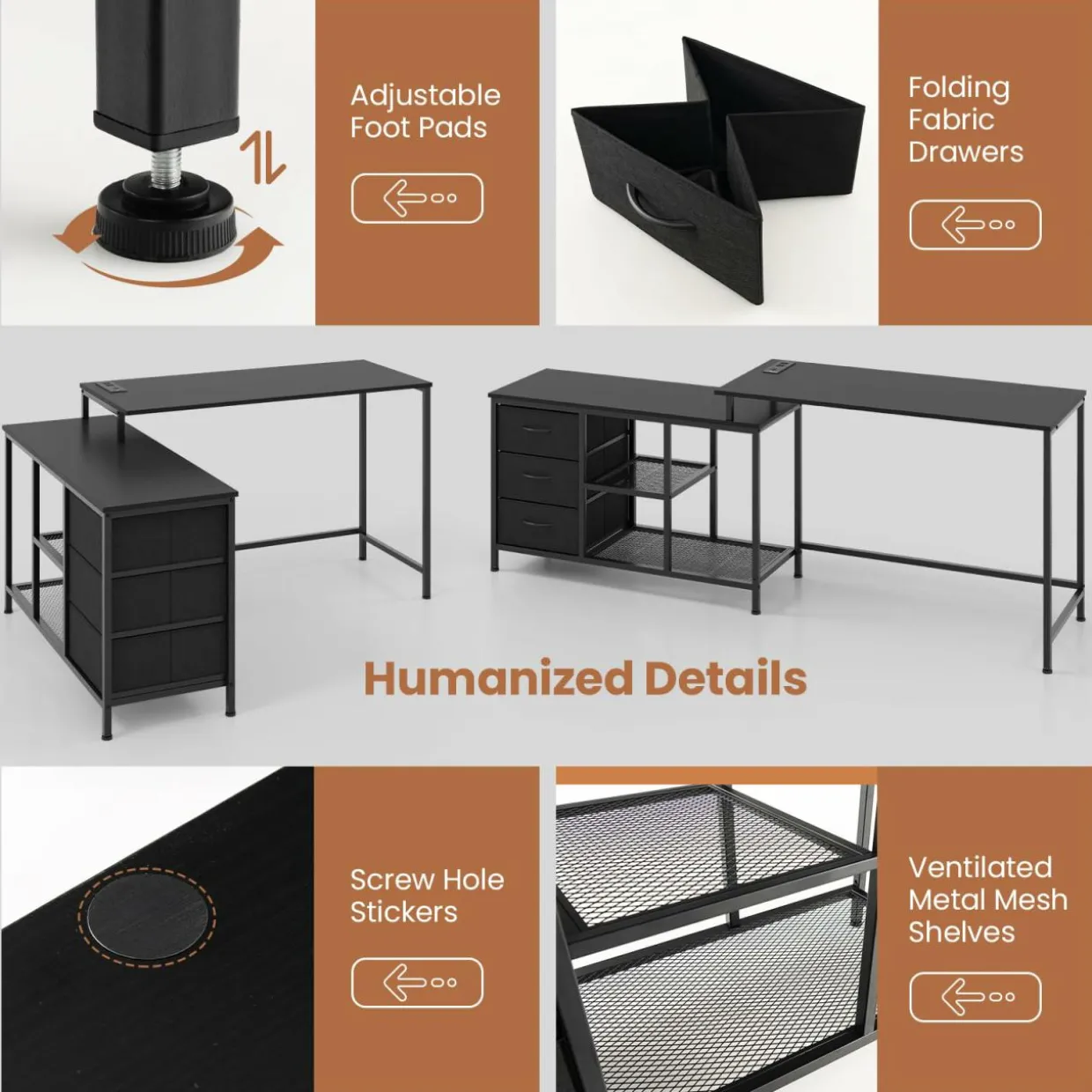 Tangkula L-Shaped Computer Desk with Power Outlet, Convertible Corner Desk with Drawers & Shelves