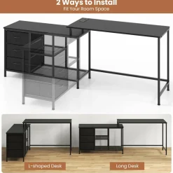 Tangkula L-Shaped Computer Desk with Power Outlet, Convertible Corner Desk with Drawers & Shelves