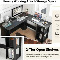 Tangkula L-Shaped Computer Desk, Large Corner Computer Desk with 2-Tier Open Shelves (Black)