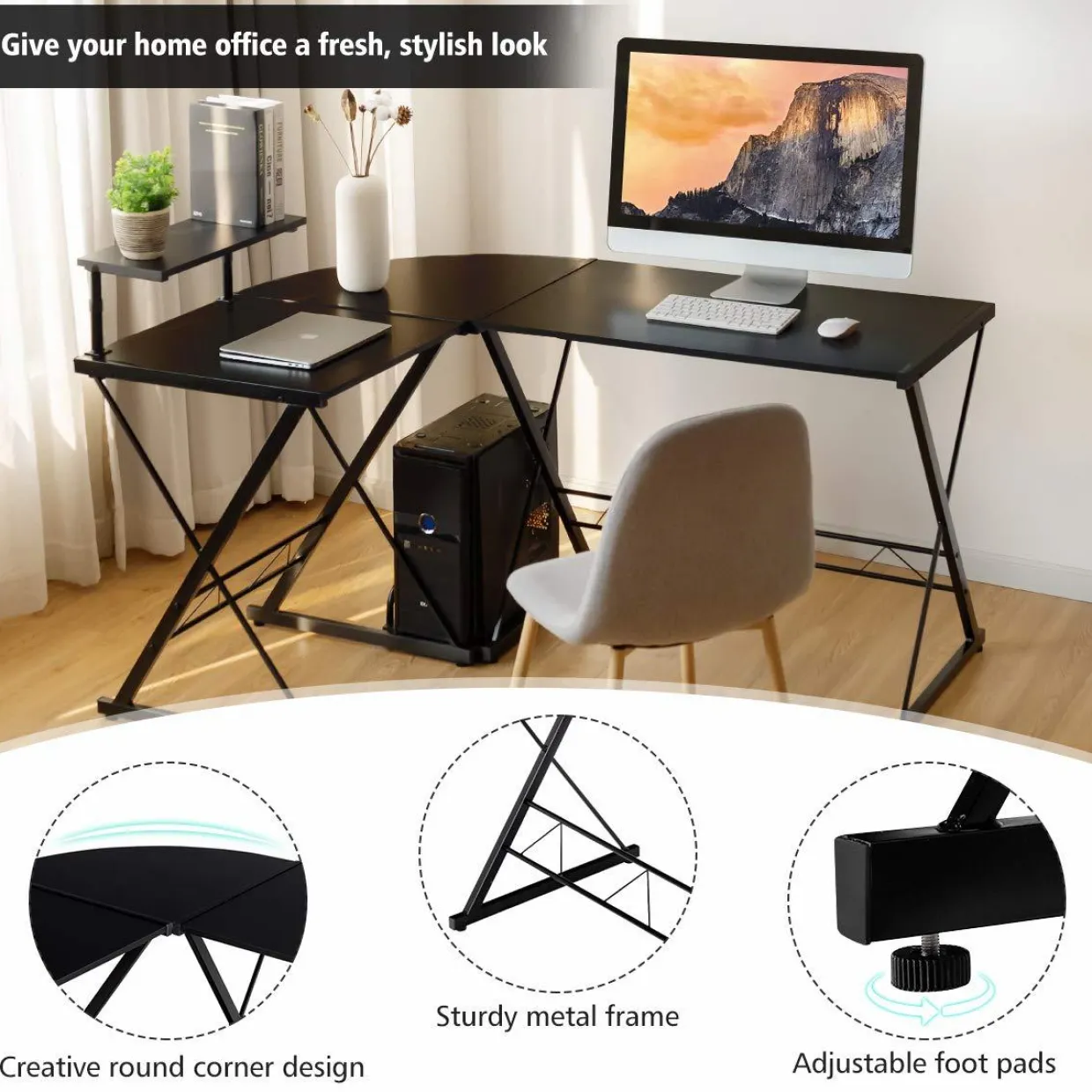 Tangkula L-Shaped Computer Desk, 58 Inches Corner Computer Desk with Movable Shelf & CPU Stand