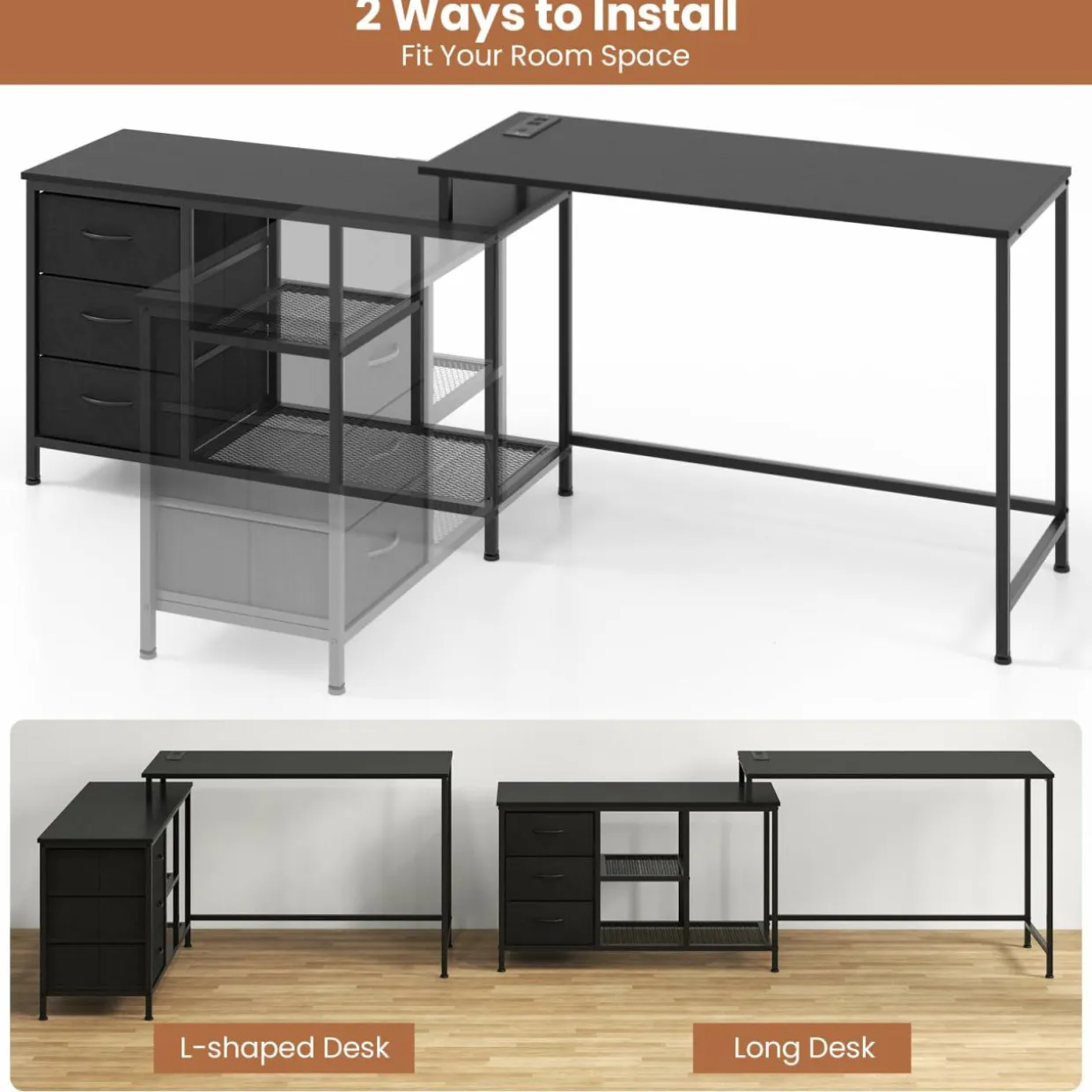 Tangkula L-Shaped Computer Desk with Power Outlet, Convertible Corner Desk with Drawers & Shelves