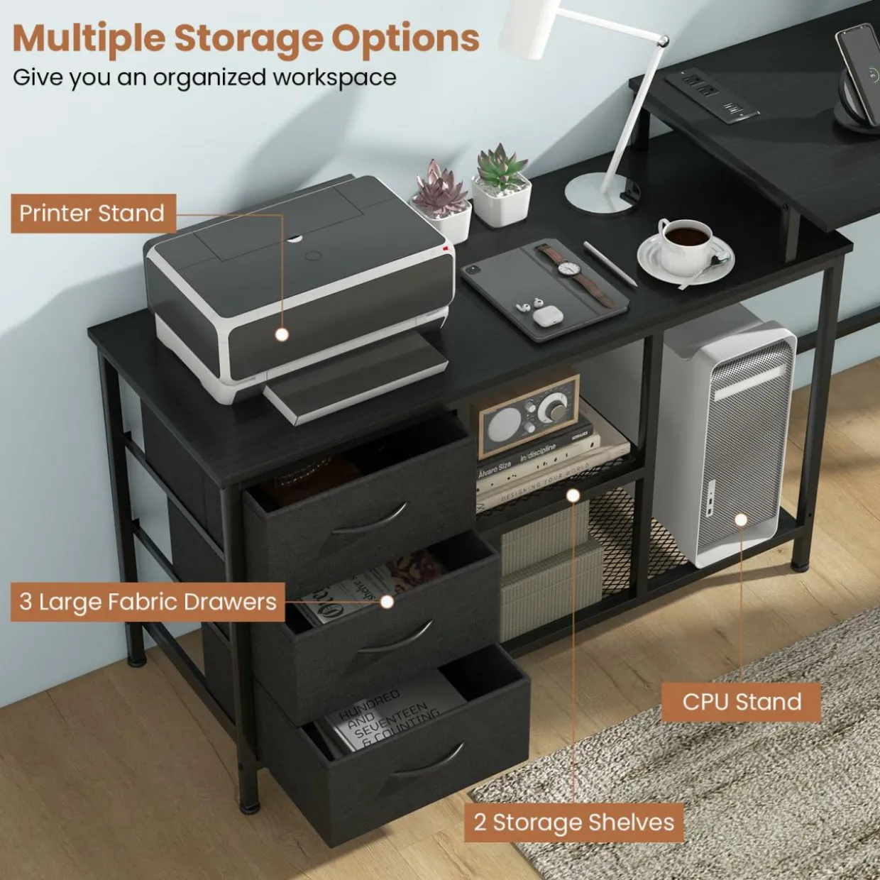 Tangkula L-Shaped Computer Desk with Power Outlet, Convertible Corner Desk with Drawers & Shelves