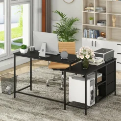 Tangkula L-Shaped Computer Desk with Power Outlet, Convertible Corner Desk with Drawers & Shelves