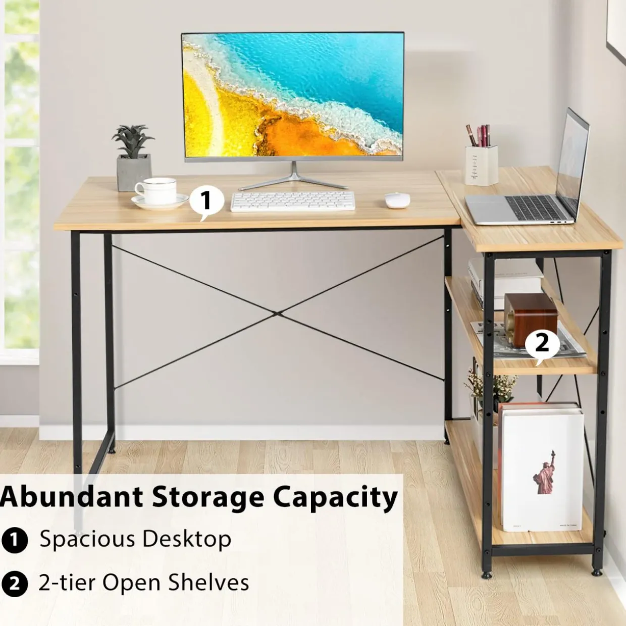 Tangkula L-Shaped Computer Desk with Reversible Shelves
