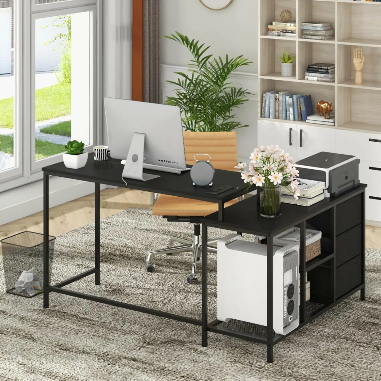 Tangkula L-Shaped Computer Desk with Power Outlet, Convertible Corner Desk with Drawers & Shelves
