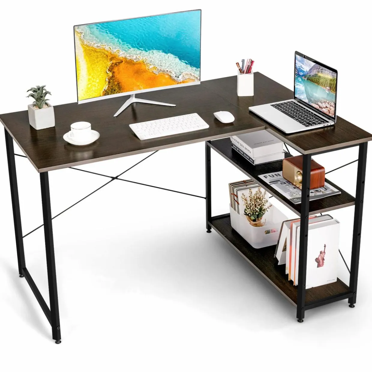 Tangkula L-Shaped Computer Desk with Reversible Shelves