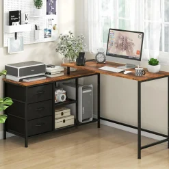 Tangkula L-Shaped Computer Desk with Power Outlet, Convertible Corner Desk with Drawers & Shelves