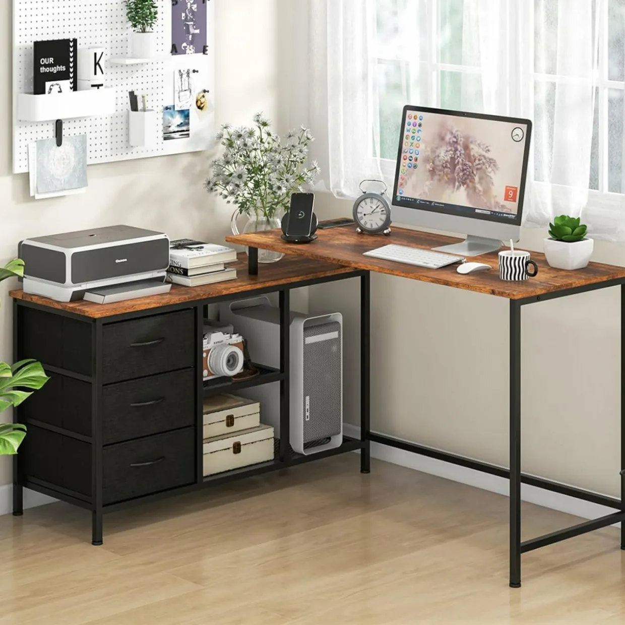 Tangkula L-Shaped Computer Desk with Power Outlet, Convertible Corner Desk with Drawers & Shelves