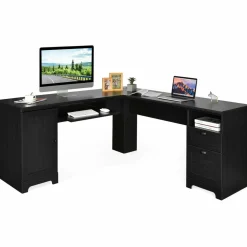 Tangkula L-Shaped Desk, 66" x 66" Corner Computer Desk with Drawers and Storage Cabinet
