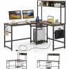 Tangkula L-Shaped Desk with Power Outlet, Large Corner Desk Converts to 2-Person Long Desk with Hutch