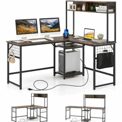 Tangkula L-Shaped Desk with Power Outlet, Large Corner Desk Converts to 2-Person Long Desk with Hutch