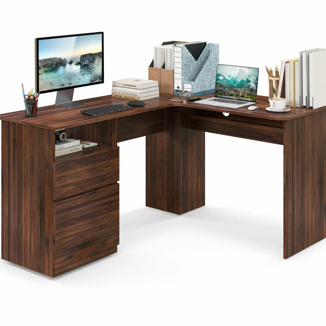 Tangkula L-Shaped Desk with 2 Storage Drawers, 59” Corner Computer Desk with File Drawer & Open Shelf