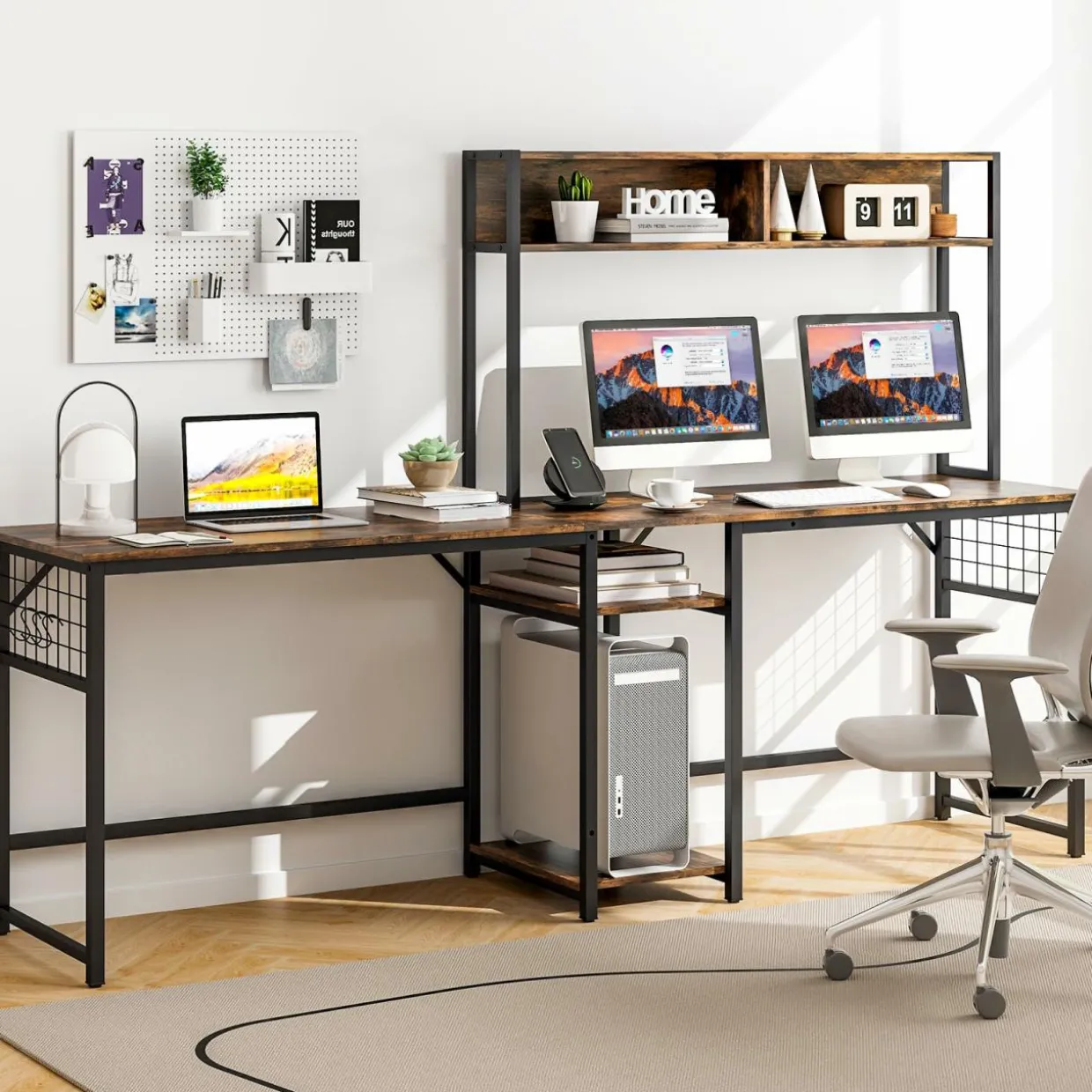 Tangkula L-Shaped Desk with Power Outlet, Large Corner Desk Converts to 2-Person Long Desk with Hutch