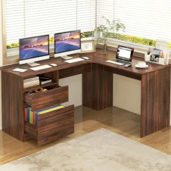 Tangkula L-Shaped Desk with 2 Storage Drawers, 59” Corner Computer Desk with File Drawer & Open Shelf