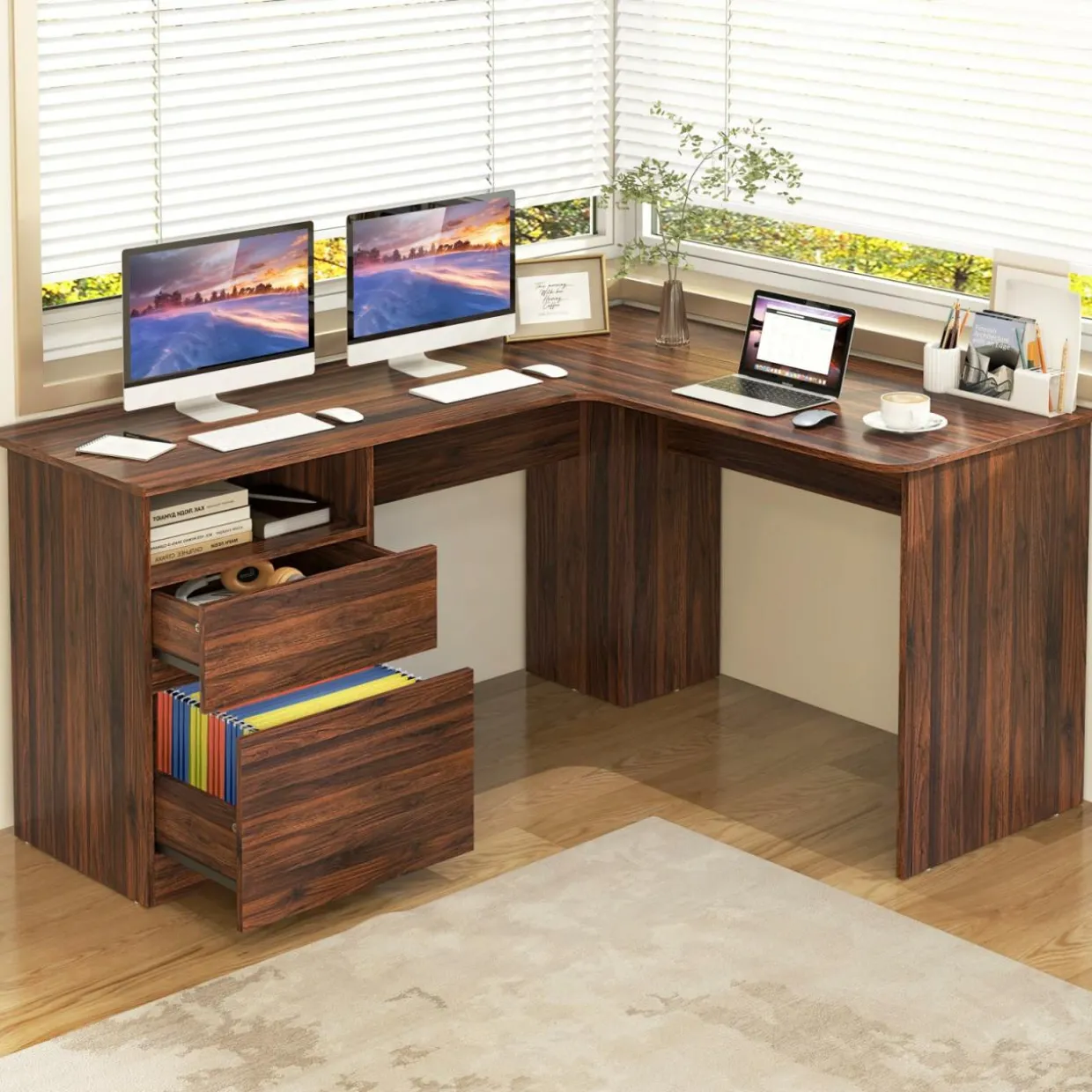 Tangkula L-Shaped Desk with 2 Storage Drawers, 59” Corner Computer Desk with File Drawer & Open Shelf
