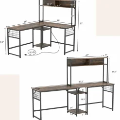 Tangkula L-Shaped Desk with Power Outlet, Large Corner Desk Converts to 2-Person Long Desk with Hutch