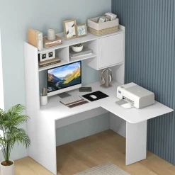 Tangkula L-Shaped Desk with Storage Hutch, Corner Computer Desk with Shelves & Cabinet, White
