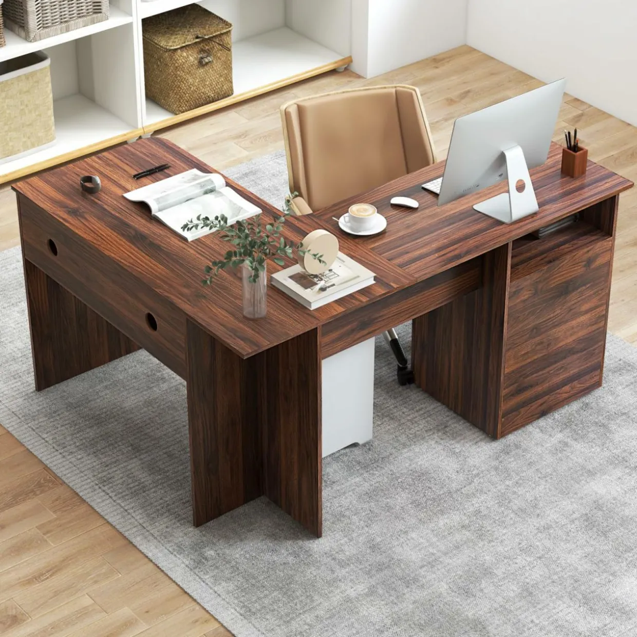 Tangkula L-Shaped Desk with 2 Storage Drawers, 59” Corner Computer Desk with File Drawer & Open Shelf