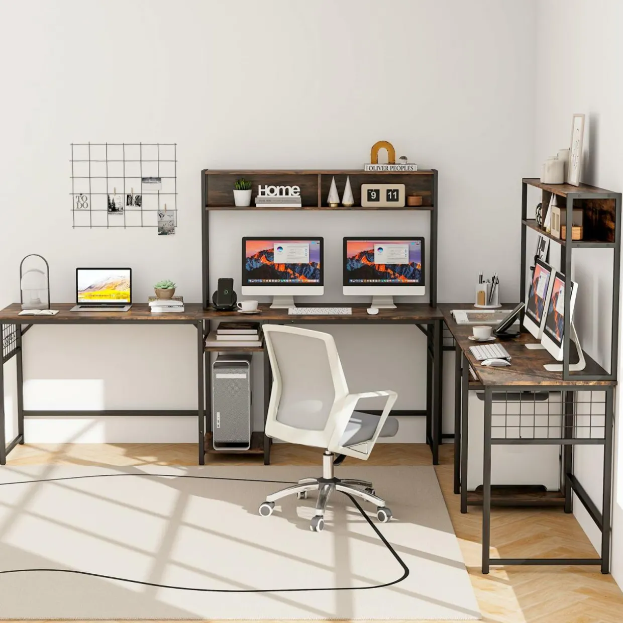 Tangkula L-Shaped Desk with Power Outlet, Large Corner Desk Converts to 2-Person Long Desk with Hutch