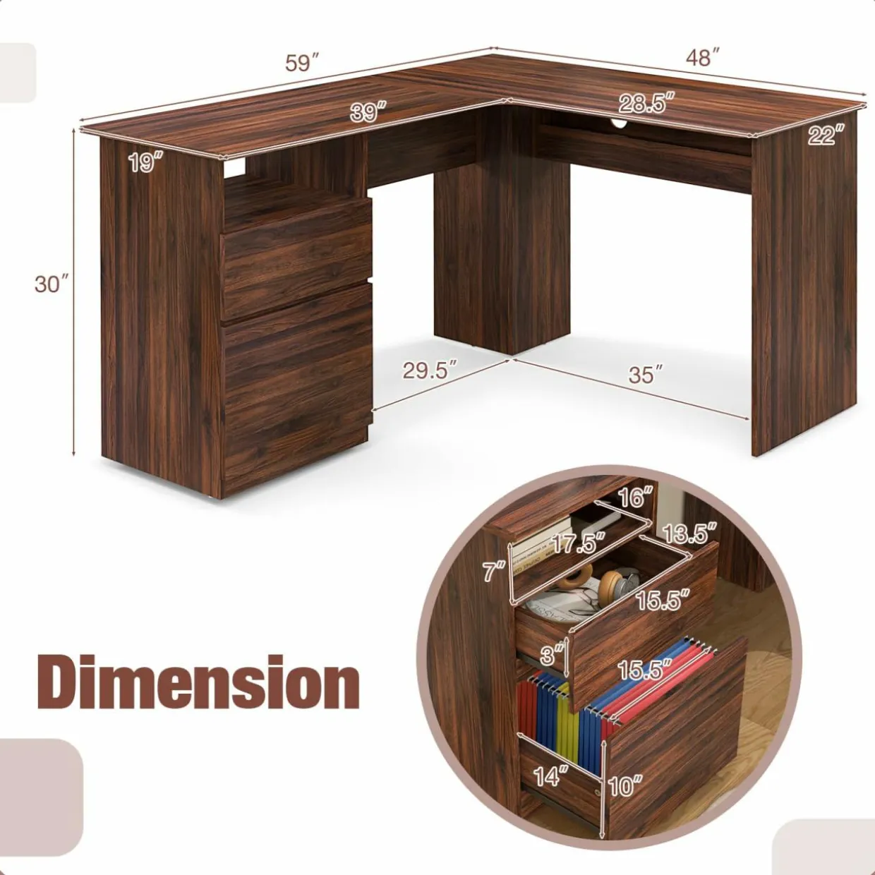 Tangkula L-Shaped Desk with 2 Storage Drawers, 59” Corner Computer Desk with File Drawer & Open Shelf