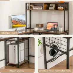 Tangkula L-Shaped Desk with Power Outlet, Large Corner Desk Converts to 2-Person Long Desk with Hutch