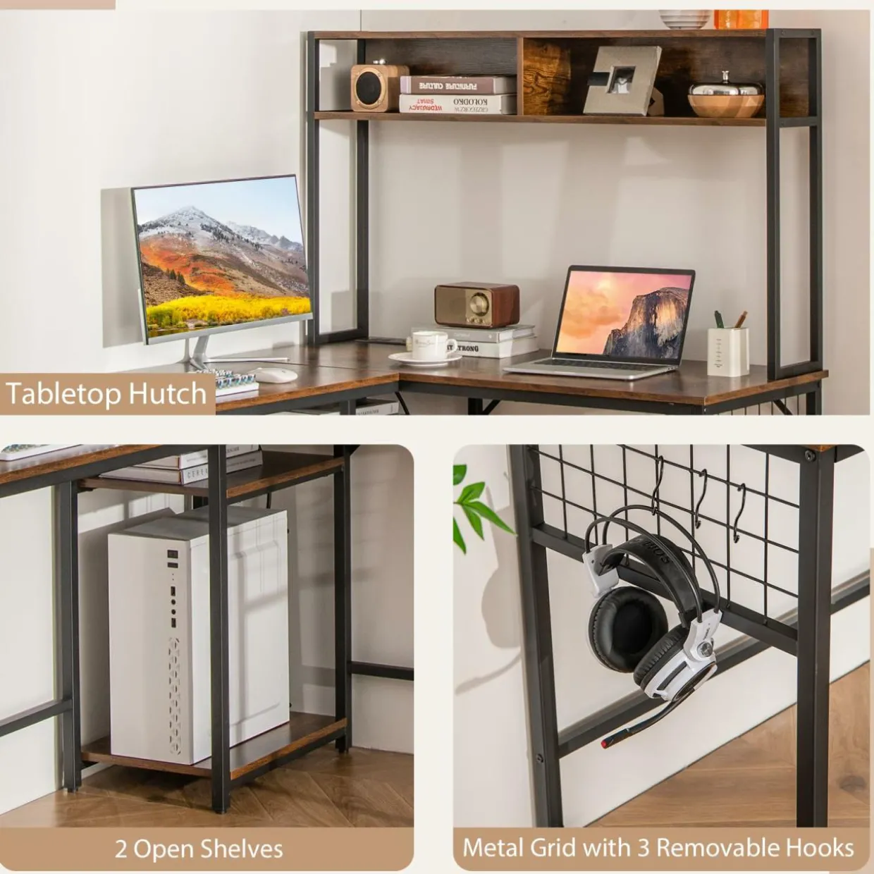 Tangkula L-Shaped Desk with Power Outlet, Large Corner Desk Converts to 2-Person Long Desk with Hutch