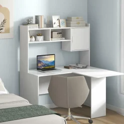 Tangkula L-Shaped Desk with Storage Hutch, Corner Computer Desk with Shelves & Cabinet, White