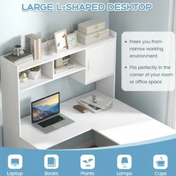 Tangkula L-Shaped Desk with Storage Hutch, Corner Computer Desk with Shelves & Cabinet, White