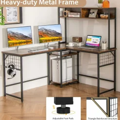 Tangkula L-Shaped Desk with Power Outlet, Large Corner Desk Converts to 2-Person Long Desk with Hutch