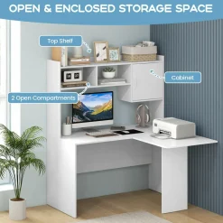 Tangkula L-Shaped Desk with Storage Hutch, Corner Computer Desk with Shelves & Cabinet, White