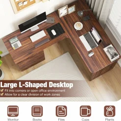 Tangkula L-Shaped Desk with 2 Storage Drawers, 59” Corner Computer Desk with File Drawer & Open Shelf