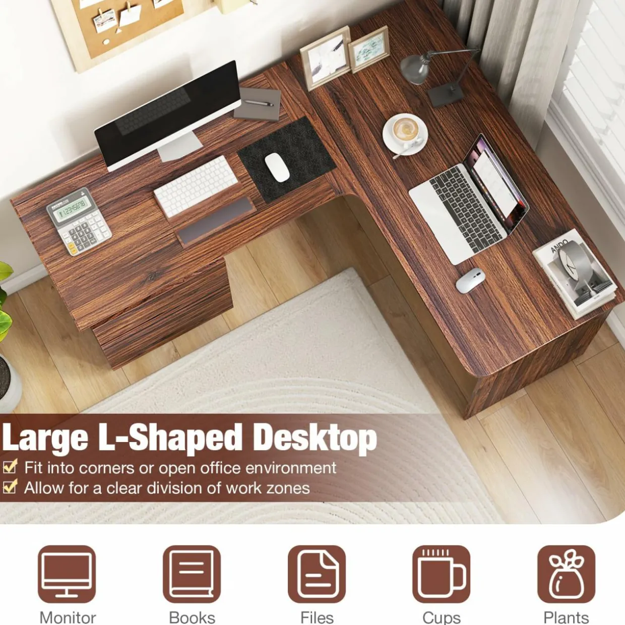 Tangkula L-Shaped Desk with 2 Storage Drawers, 59” Corner Computer Desk with File Drawer & Open Shelf