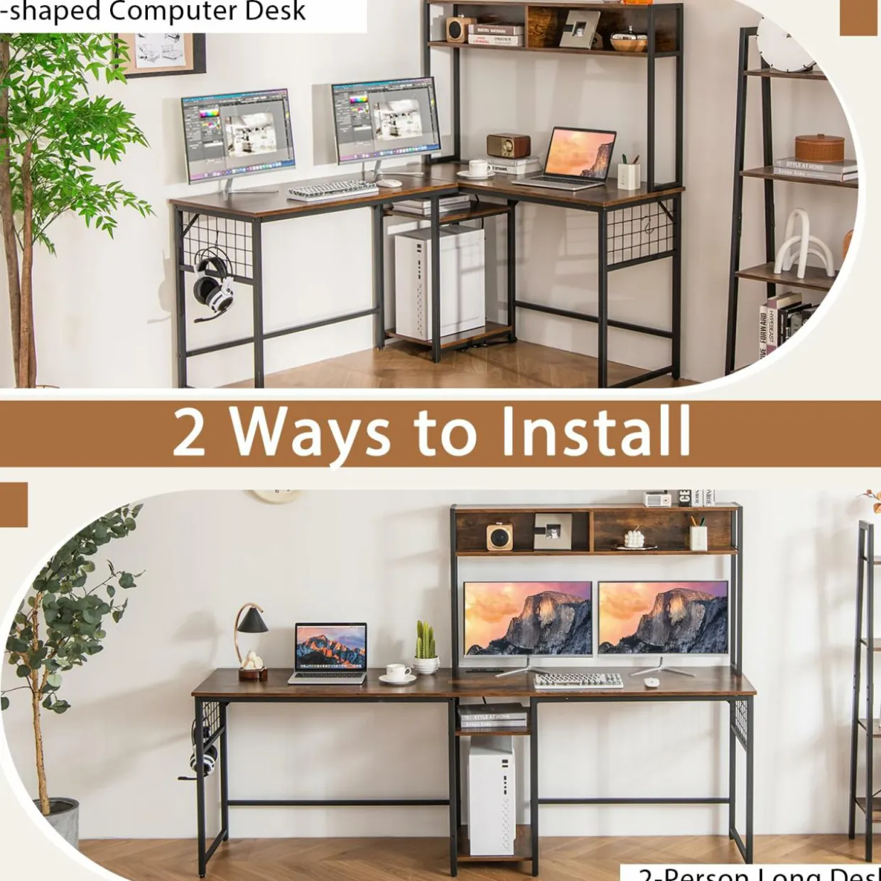 Tangkula L-Shaped Desk with Power Outlet, Large Corner Desk Converts to 2-Person Long Desk with Hutch